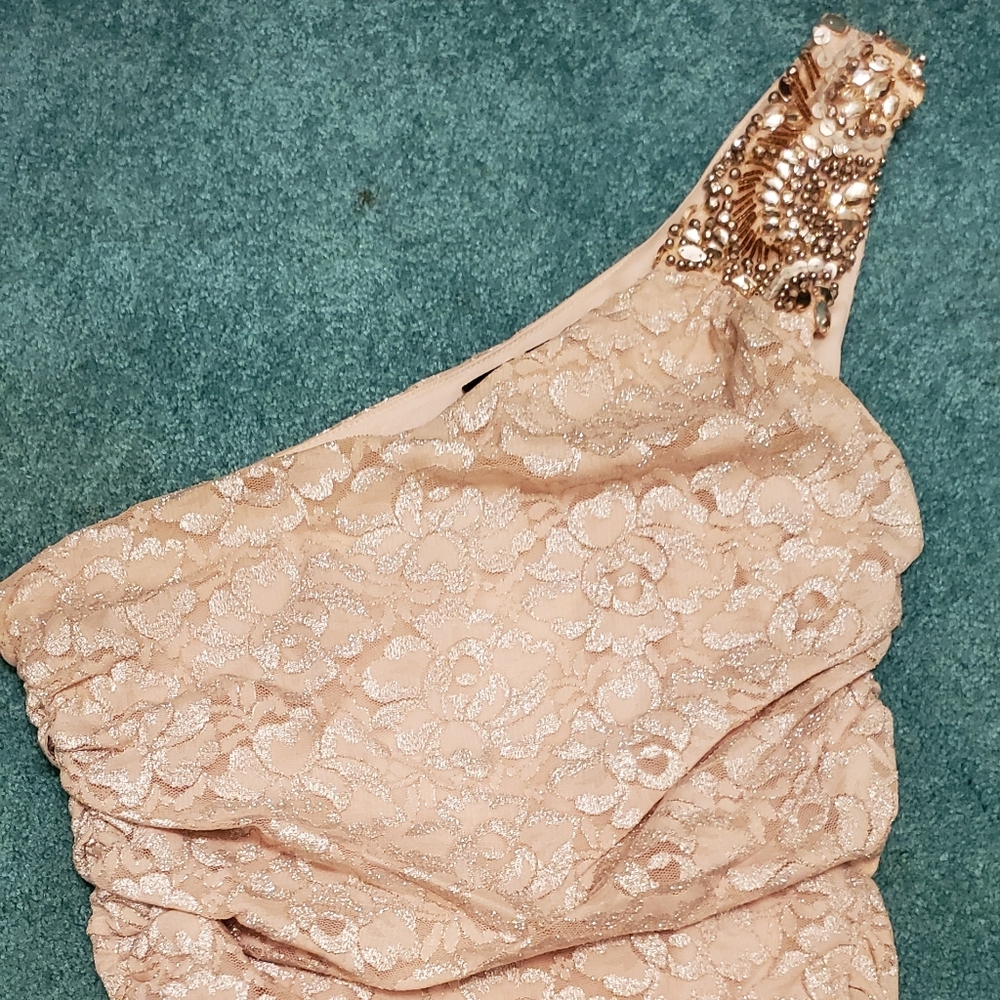 Cream/gold ruffle one shoulder dress w/ jewels